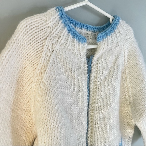 Handmade Knit Blue Bunny Rabbit Zip Up White Sweater Jacket Coat Child 4T 5T - Picture 11 of 13